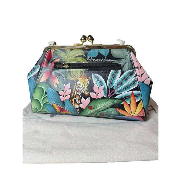 Anuschka Jungle Hand-Painted Leather Kiss Lock Clutch Crossbody Shoulder Bag - Picture 4 of 7